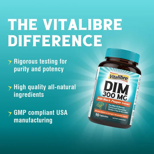 Vista 4 de Vitalibre Suplemento DIM para mujeres y hombres, metabolismo de estrógeno, equilibrio hormonal y apoyo a la menopausia, DIM 300 mg con extracto