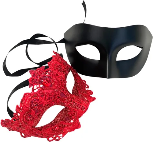 Vista 18 de MASQ Par de máscaras de encaje brocado para mascarada, Mardi Gras, cumpleaños, graduación, boda, fiesta Bk Lace W Pluma