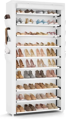 Vista 12 de VTRIN Zapatero con tapa, organizador de zapatos de 7 niveles para 35-40 pares de zapatos y botas, estante alto de gran capacidad con 8 bolsillos