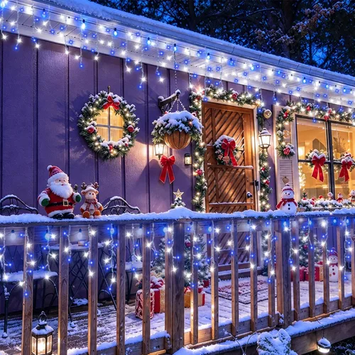 Vista 8 de Luces de carámbano azules y blancas para exteriores, tira de 400 luces LED de 33 pies para interiores, 8 modos conectables, luz de Navidad de Azul
