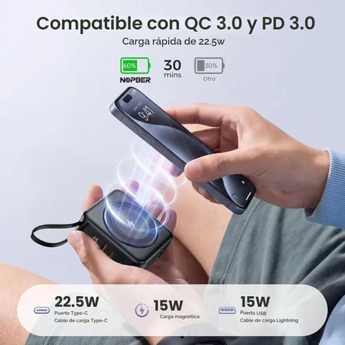 Vista 4 de Banco portátil del poder del cargador 10000mAh construido en cables y enchufe de pared PD 22.5W USB C carga rápida, carga inalámbrica magnética