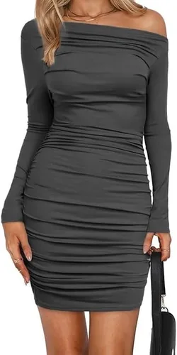 Vista 3 de ONDIAN Women's Off Shoulder Ruched Long Sleeve Bodycon Dress Slim Fit Club Party Mini Short Dresses Outfits Cocktail