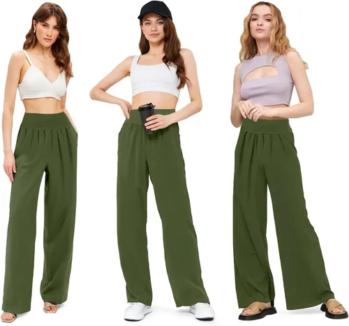 Vista 3 de DLOODA Pantalones de pierna ancha para mujer, pantalones de yoga sueltos, cómodos, pijama, casual, holgados, palazzo, con bolsillos