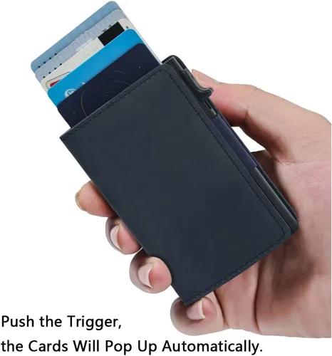 Vista 2 de Cartera delgada para Air Tag Cartera de cuero genuino RFID para tarjetas de crédito y dinero, mini cartera de aluminio desplegable automática