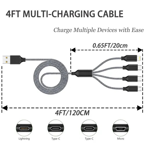 Vista 2 de Doub Tyep-C 4 en 1 cable de carga múltiple de 4 pies, cable de carga de nailon trenzado Lightning para iPhone, cable de carga universal con tipo C