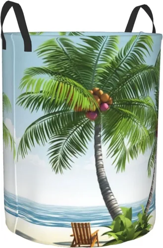 Vista 2 de Tropical Palm Tree print Circular Hamper Waterproof Storage Bin Organizer Basket Laundry Hamper With Handles For Clothes Toys Small
