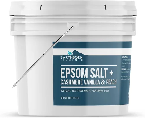 Vista 2 de Earthborn Elements Sal de Epsom de vainilla y durazno de cachemira, 8 libras, cubo de un galón, pura y sin diluir, sal de remojo con fragancia