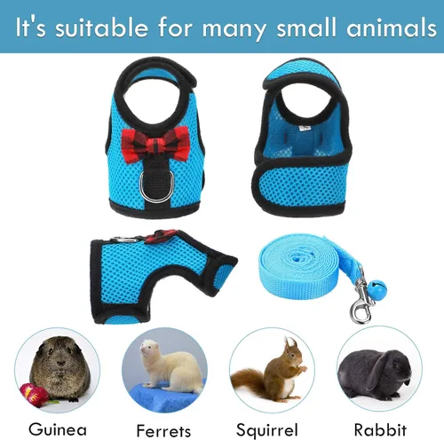 Vista 3 de Arnés y correa de conejillo de indias de 4 piezas de malla suave para mascotas pequeñas con campana de lazo, chaleco acolchado cómodo