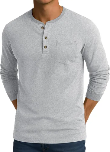 Vista 12 de CRYSULLY Camisa de manga larga para hombre, de algodón, con bolsillo de 3 botones, camisetas casuales elegantes ligeras tipo pullover