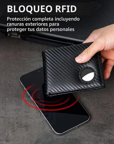 Vista 4 de Swallowmall AirTag Billetera para hombre con bloqueo RFID, de piel auténtica, plegable, para AirTag con 1 ventana de identificación, 13 tarjeteros