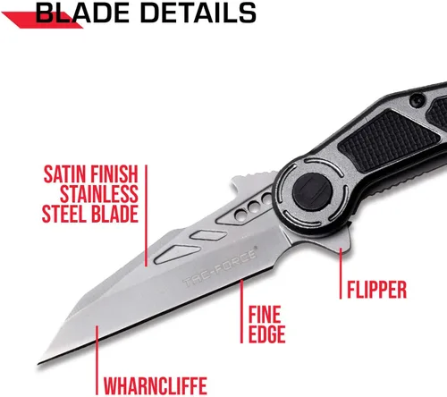 Vista 3 de Tac-Force Cuchillo de bolsillo plegable - Hoja de acero inoxidable Bead Blast, mango de aluminio plateado con incrustaciones de goma negra, cortador