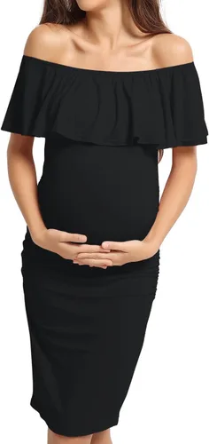Vista 3 de KIM S Vestido de maternidad sin mangas con volantes y hombros descubiertos (S-XXL), vestido ajustado para sesión de fotos de baby shower