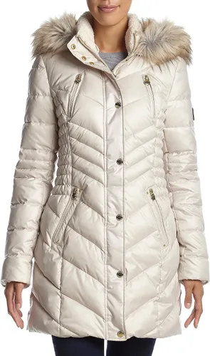Vista 28 de Laundry by Shelli Segal womens Quilted Puffer Coat with Faux Fur-Trimmed Hood & Fit-and-Flare Waist Hueso