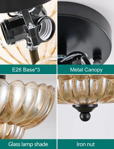 Vista 3 de Lámpara de techo semiempotrada, accesorio de lámpara de techo de vidrio ámbar, lámpara moderna negra de 3 bombillas cerca del techo, luces de techo