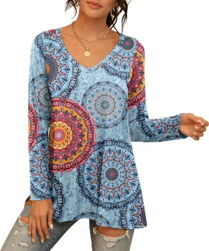 Vista 83 de AWULIFFAN Blusa tipo túnica holgada de manga larga con cuello redondo para mujer