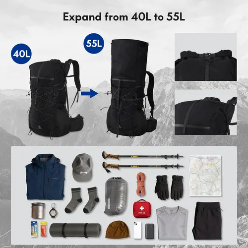 Vista 3 de Haimont Paquete de mochilero enrollable de 40L+15L con cubierta para lluvia, negro