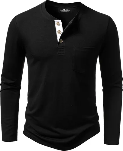 Vista 19 de LucMatton - Camiseta Henley para hombre, ligera, casual, elástica, ajuste entallado, manga larga, con bolsillo Verde militar