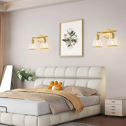 Vista 8 de Accesorios de iluminación de baño sobre espejo Luces de tocador doradas de 2 luces con pantalla de vidrio transparente de 14 pulgadas Luces