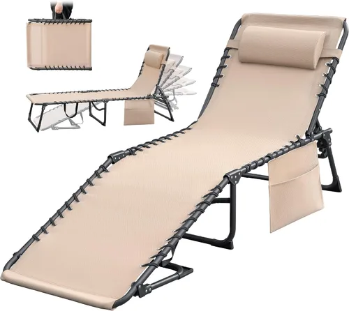 Vista 10 de Greesum Chaise Lounge Silla de bronceado plegable con respaldo ajustable de 5 posiciones, almohada desmontable y bolsillo exterior para piscina Negro