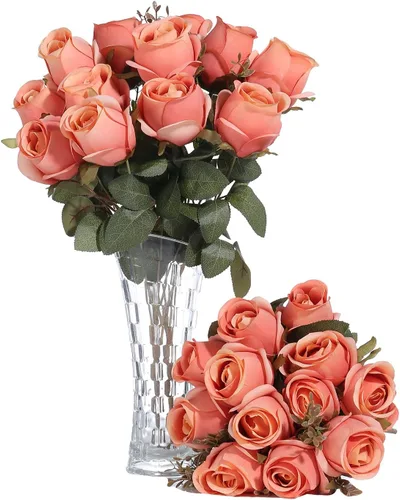 Vista 8 de Ramo de flores artificiales de seda, 20 cabezas, 2 paquetes, champán y Champán y crema
