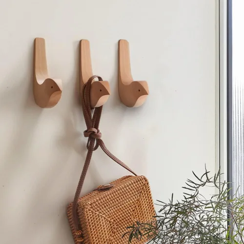 Vista 4 de Ganchos de pared de pájaros de grano de madera, ganchos para colgar en la pared, paquete de 3