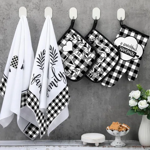 Vista 4 de Juego de 5 toallas de cocina a cuadros de búfalo, guantes de horno y soporte para ollas, toallas de cocina en blanco y negro, almohadillas calientes