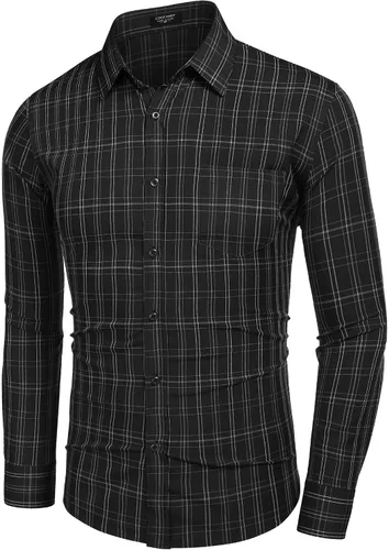 Vista 2 de COOFANDY Camisas de vestir para hombre, ajuste regular, con botones, sin arrugas, de manga larga, a cuadros