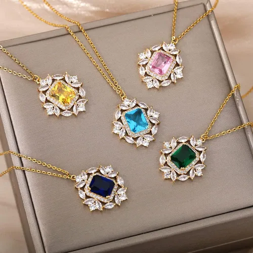 Vista 5 de LoyJoy - Collar clásico de océano para mujer collar con colgante geométrico de diamantes de imitación azul y rosa joyería fina para fiesta