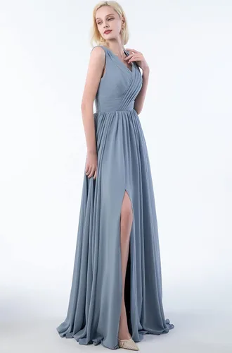 Vista 5 de Vestido de dama de honor con cuello en V para mujer, de gasa, plisado, vestido de noche formal con abertura