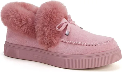 Vista 4 de TINSTREE Botas planas de invierno cálidas y duraderas, zapatos casuales de moda con forro de piel, botines de nieve, mocasines planos de plataforma