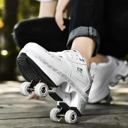 Vista 4 de KOFUBOKE Zapatos de patinaje unisex para adultos y niños, con ruedas invisibles, 2 en 1, polea extraíble, patinaje parkour