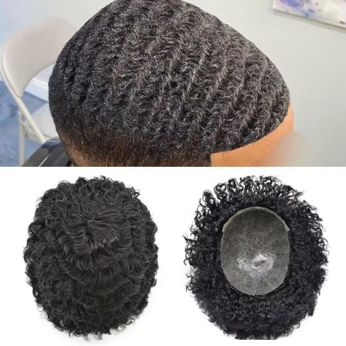 Vista 10 de Afro Toupee para hombres negros, rizado afro ondulado, postizo masculino, piel fina, PU negro, para hombre, tupé, reemplazo de cabello humano