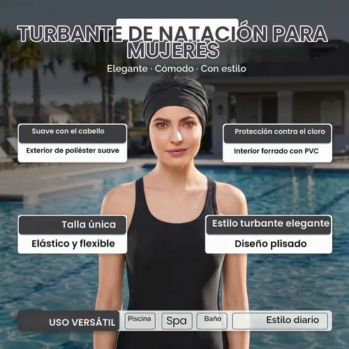 Vista 5 de BEEMO Gorros de natación para mujer, turbante de natación, de poliéster, con forro de látex, plisado para mujer Negro