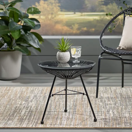 Vista 2 de Great Deal Furniture Christina - Mesa auxiliar moderna de ratán sintético para exteriores con parte superior de vidrio templado, color negro