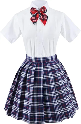 Vista 4 de Uniforme escolar japonés de tartán con falda plisada para cosplay con calcetines y set de montura de gafas Gris