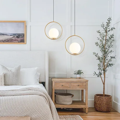 Vista 6 de KCO Moderna lámpara colgante de globo dorado con 1 luz individual de cristal blanco para isla de cocina, lámpara colgante ajustable de mediados