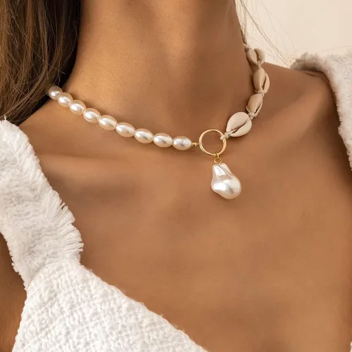 Vista 3 de Collar con colgante de perlas barrocas de oro, gargantilla de perlas ovaladas con cuentas de concha de mar, cadena en capas, collar de perlas