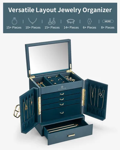 Vista 6 de Vlando Joyero grande, cajas de joyería y organizadores de 6 niveles, estuche de almacenamiento de joyas con espejo con 5 cajones, reloj de piel