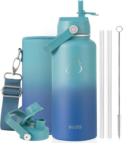 Vista 71 de BUZIO Botella de agua aislada de 24 oz, frasco de agua de boca ancha de acero inoxidable con tapa de pajita, frío durante 48 horas a prueba de Negro