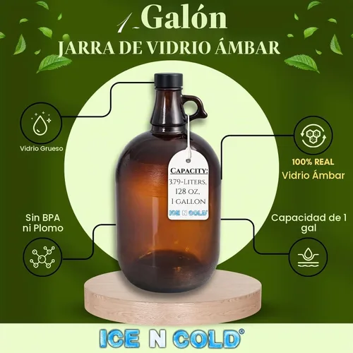 Vista 2 de Jarra de vidrio ámbar de 1 galón (128 onzas) con tapa de 1.496 in Paquete de 6 Envío rápido el mismo día