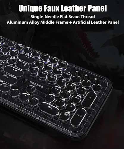 Vista 2 de Teclado de máquina de escribir con panel de piel sintética, inalámbrico de 2.4 G/Bluetooth/USB con cable, teclado mecánico estético