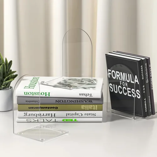 Vista 6 de Sujetalibros acrílicos de 4 piezas, sujetalibros transparentes para estantes, extremos de libros para estantes y organizador de escritorio, tapón