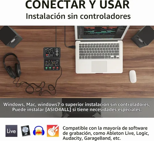Vista 5 de XTUGA Interfaz de audio USB para PC, interfaz para grabación de música, interfaz de audio XLR con conector de micrófono de 11.6 ft, tarjeta