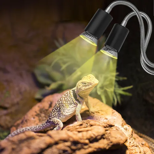 Vista 5 de Lámpara de calor para reptiles, lámpara de calefacción de doble cabeza para reptiles, lámpara de tortuga UVA/B con abrazadera, control separado, luz