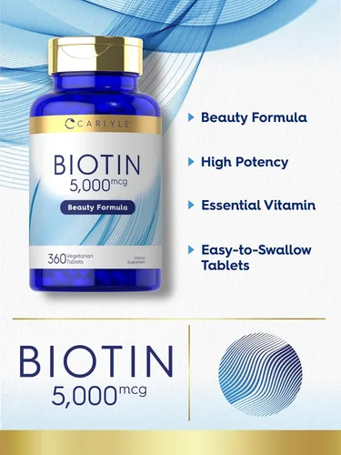 Vista 3 de Carlyle Biotin 5000mcg 360 tabletas vegetarianas Suplemento de fórmula de belleza para cabello, piel y uñas Sin OMG, sin gluten
