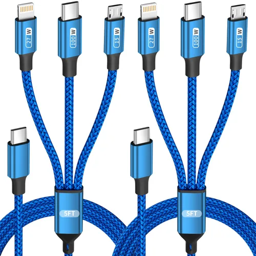 Vista 42 de Cable de carga múltiple, (paquete de 2 cables de 4 pies), cable de carga 3 en 1 para múltiples dispositivos, cable de carga universal de nailon Rosa