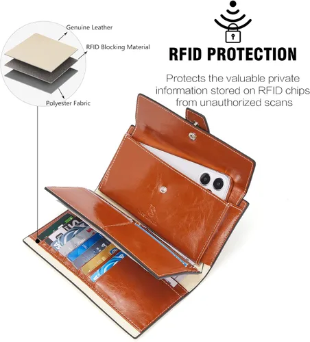 Vista 6 de BOSTANTEN Carteras de cuero para mujer con bloqueo RFID de gran capacidad tarjetero triple para mujer