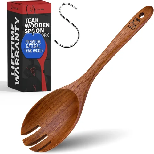 Vista 9 de PriorityChef - Cuchara larga de madera para cocinar, cuchara de cocina grande de teca duradera para servir, revolver y uso diario, segura