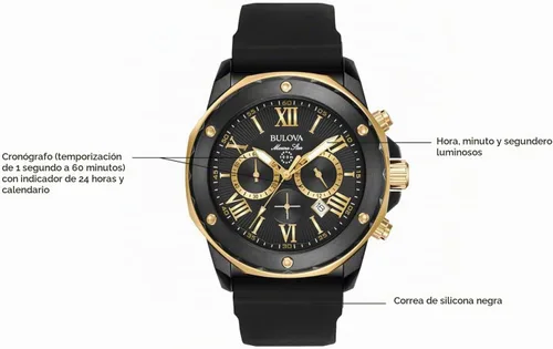 Vista 5 de Bulova Men's Marine Star Series A 6-Hand Chronograph Quartz Black Strap Watch, 100M IP negro/tono dorado