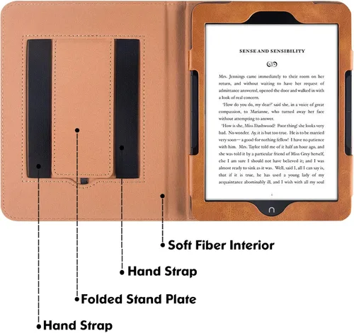 Vista 6 de Funda para Nook GlowLight 4 Plus de 7.8 pulgadas (2023) Soporte plegable integrado y correa de mano Estilo libro Funda de piel sintética Marrón